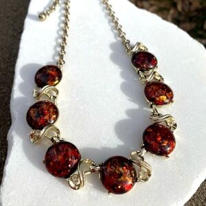 Vintage 1960s Coro Confetti Lucite Necklace with Red Amber Gold Tone Collector